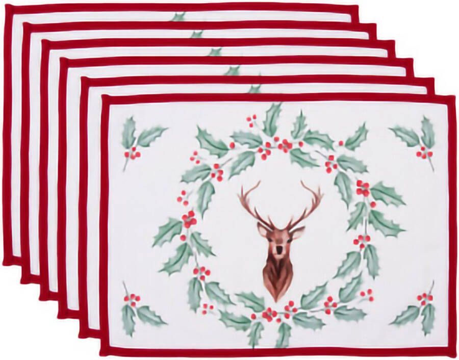 HAES deco Set van 6 Placemats formaat 48x33 cm kleuren Wit Rood Bruin Groen van 100% Katoen Collectie: Holly Christmas Kerst Placemats