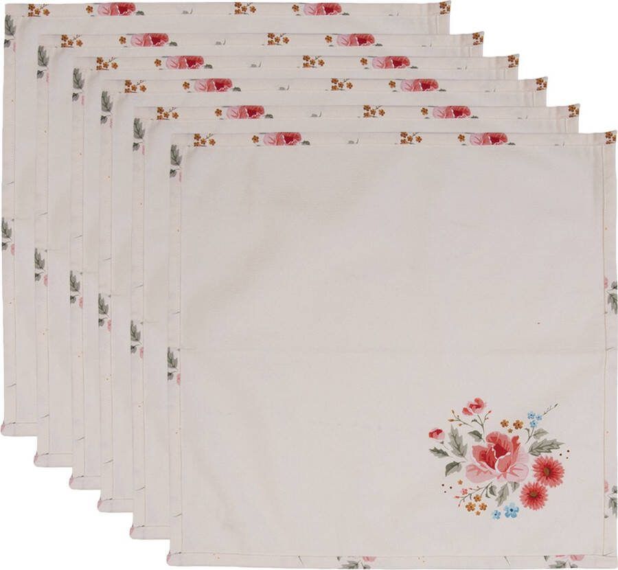 HAES deco Set van 6 Servetten (Textiel) formaat 40x40 cm kleuren Beige Rood Groen van 100% Katoen Collectie: Little Rose Collection