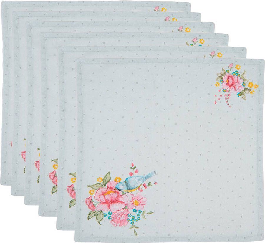 HAES deco Set van 6 Servetten (Textiel) formaat 40x40 cm kleuren Grijs Roze Groen van 100% Katoen Collectie: Cheerful Birdie