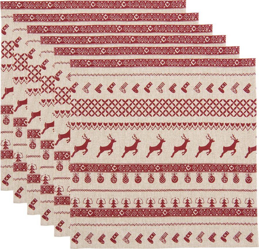 HAES deco Set van 6 Servetten (Textiel) formaat 40x40 cm kleuren Rood Beige van 100% Katoen Collectie: Nordic Christmas