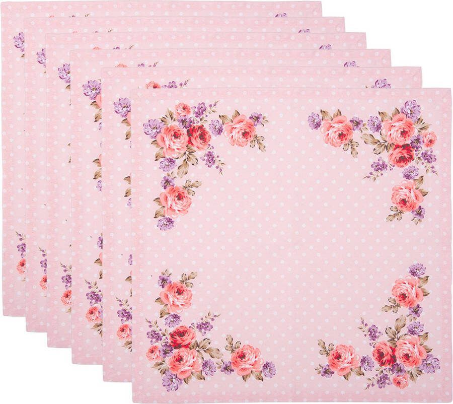 HAES deco Set van 6 Servetten (Textiel) formaat 40x40 cm kleuren Roze Rood Wit Paars van 100% Katoen Collectie: Dotty Rose