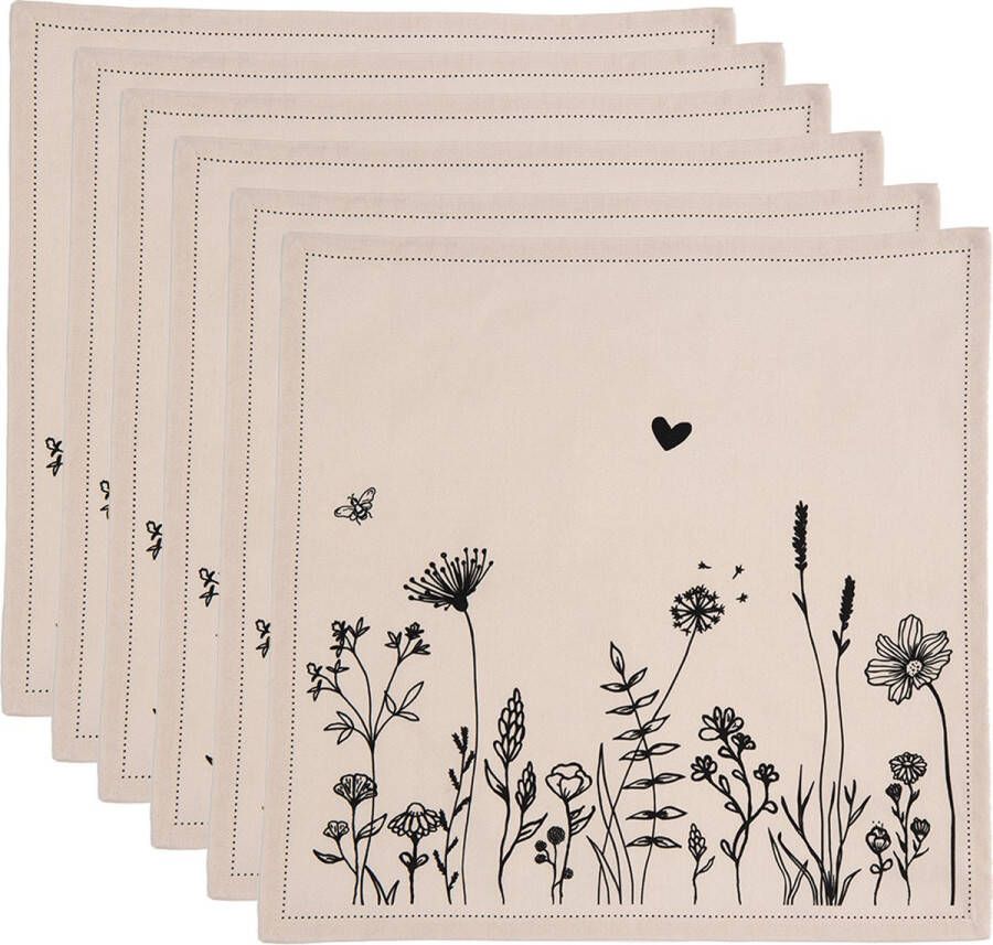 HAES deco Set van 6 Servetten (Textiel) formaat 40x40 cm kleuren Zwart Beige van 100% Katoen Collectie: Flora and Fauna