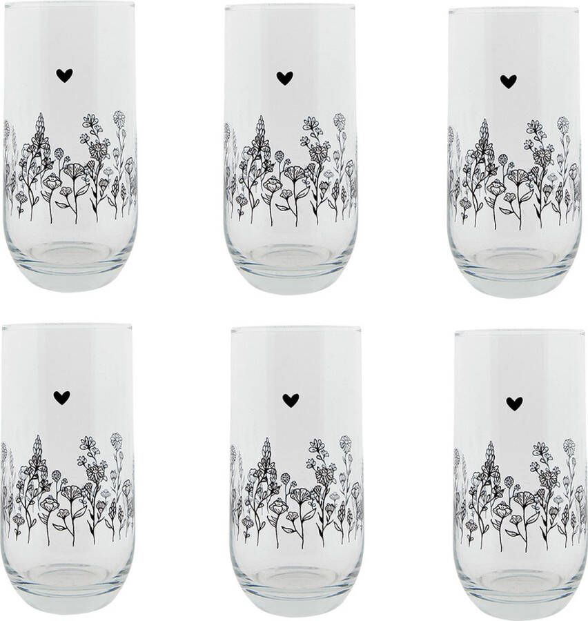 HAES deco Set van 6 Waterglazen formaat Ø 6x14 cm 280 ml Kleur Transparant Bedrukt Glas Collectie: Flora and Fauna Waterglas Drinkglas