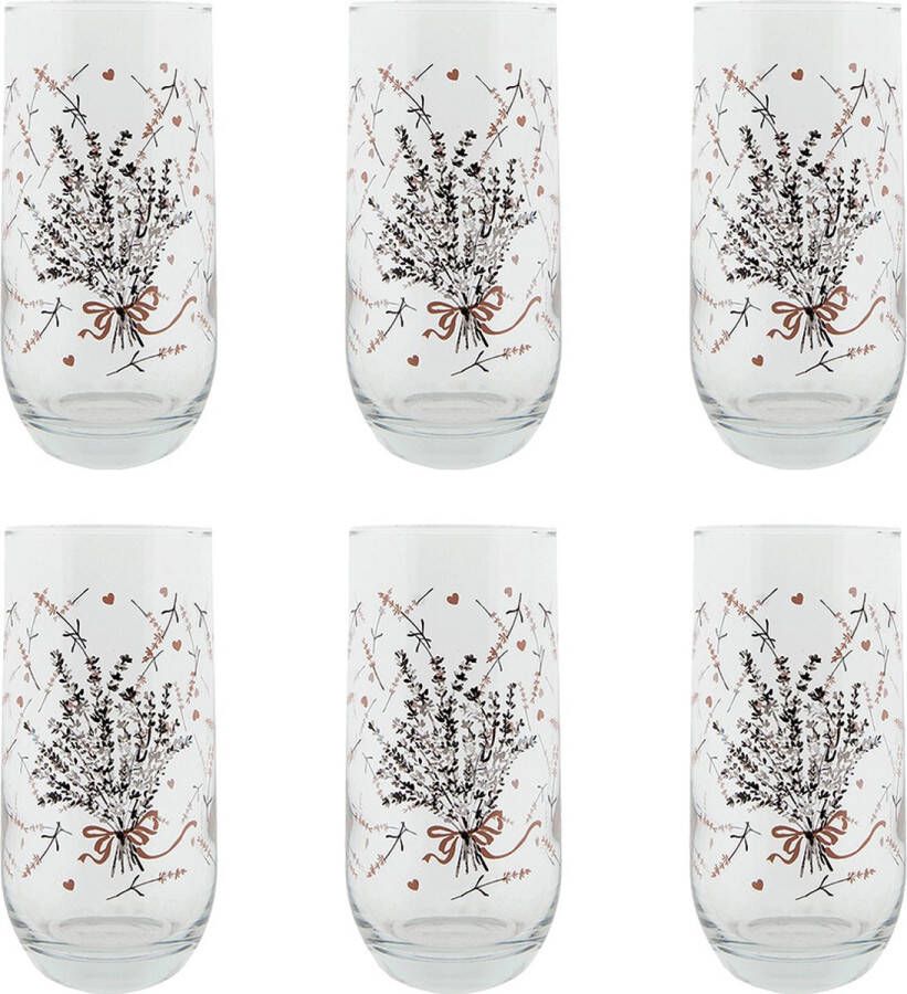 HAES deco Set van 6 Waterglazen formaat Ø 6x14 cm 280 ml Kleur Transparant Bedrukt Glas Collectie: Lavender Garden Waterglas Drinkglas