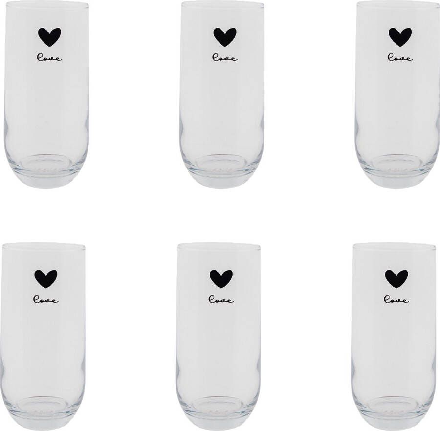 HAES deco Set van 6 Waterglazen formaat Ø 6x14 cm 280 ml Kleur Transparant Bedrukt Glas Collectie: Love Birds Waterglas Drinkglas
