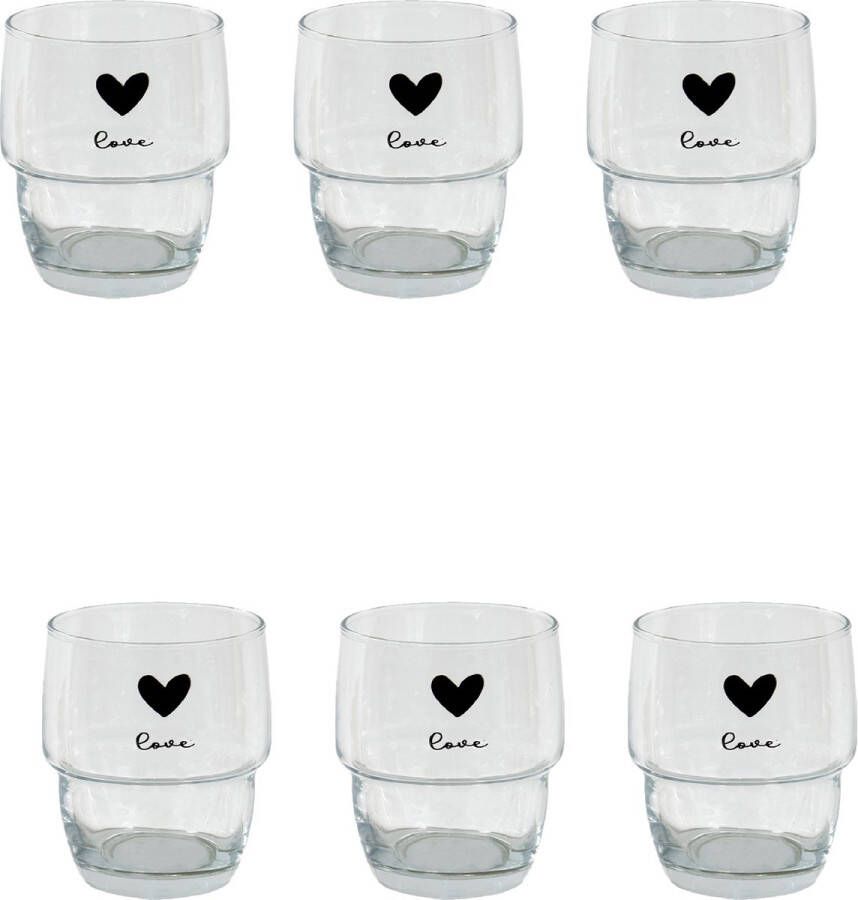HAES deco Set van 6 Waterglazen formaat Ø 8x9 cm 200 ml Kleur Transparant Bedrukt Glas Collectie: Love Birds Waterglas Drinkglas
