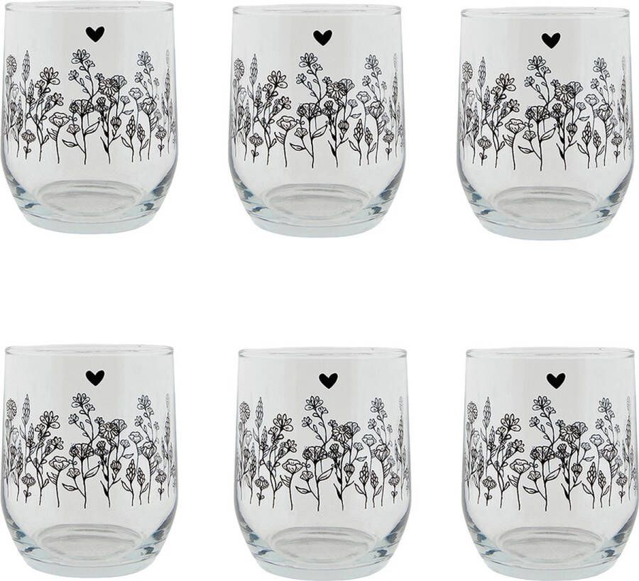 HAES deco Set van 6 Waterglazen formaat Ø 8x9 cm 300 ml Kleur Transparant Bedrukt Glas Collectie: Flora and Fauna Waterglas Drinkglas