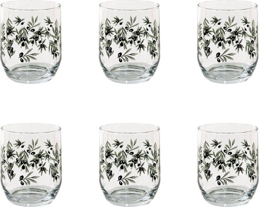 HAES deco Set van 6 Waterglazen formaat Ø 8x9 cm 300 ml Kleur Transparant Bedrukt Glas Collectie: Olive Garden Waterglas Drinkglas