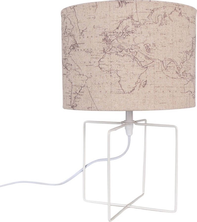 HAES deco Tafellamp Modern Chic Wereldkaart bedrukt Lamp formaat Ø 22x34 cm Beige Wit Metaal Bureaulamp Sfeerlamp Nachtlampje