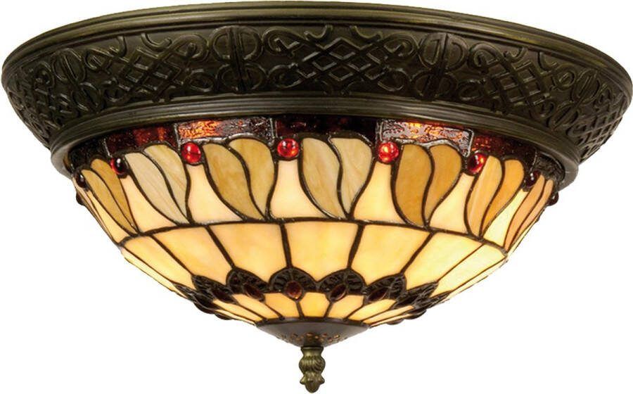 HAES deco Tiffany Plafondlamp Ø 38x19 cm Beige Bruin Glas Driehoek Plafonniere Glas in Lood