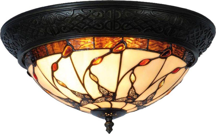 HAES deco Tiffany Plafondlamp Ø 38x19 cm Beige Bruin Glas Driehoek Vlinder Plafonniere Glas in Lood