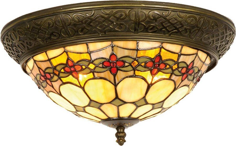 HAES deco Tiffany Plafondlamp Ø 38x19 cm Beige Rood Glas Driehoek Roos Plafonniere Glas in Lood