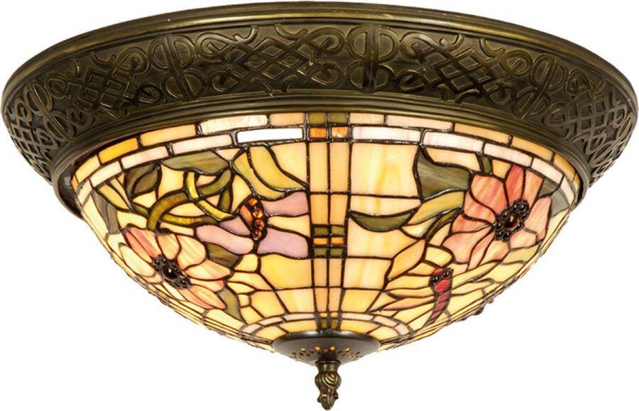 HAES deco Tiffany Plafondlamp Ø 38x19 cm Beige Roze Glas Driehoek Bloemen Plafonniere Glas in Lood