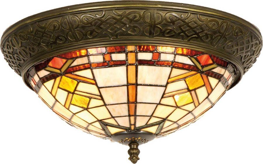 HAES deco Tiffany Plafondlamp Ø 38x19 cm Bruin Beige Glas Driehoek Plafonniere Glas in Lood