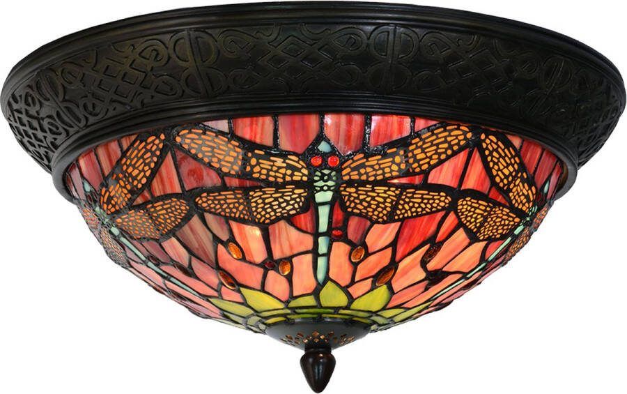 HAES deco Tiffany Plafondlamp Ø 38x19 cm Rood Groen Glas Driehoek Libelle Plafonniere Glas in Lood