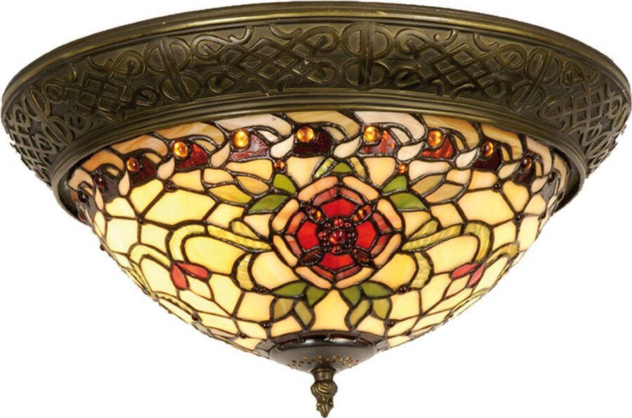 HAES deco Tiffany Plafondlamp Ø 38x19 cm Rood Groen Glas Driehoek Roos Plafonniere Glas in Lood