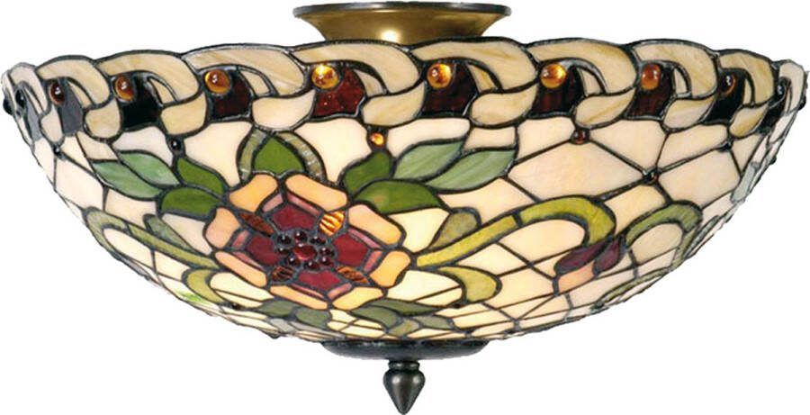 HAES deco Tiffany Plafondlamp Ø 40x25 cm Groen Rood Metaal Glas Halfrond Roos Plafonniere Glas in Lood