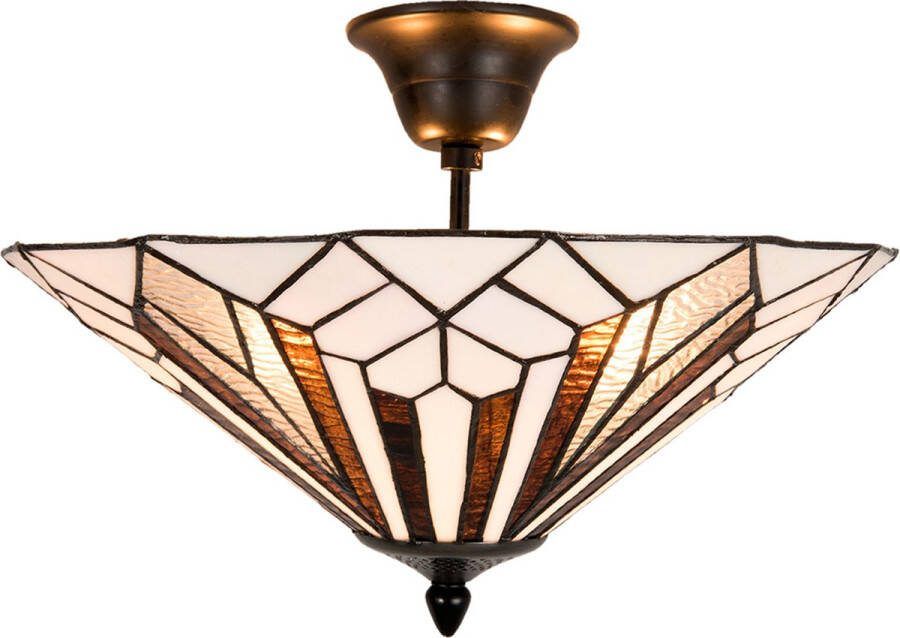 HAES deco Tiffany Plafondlamp Ø 40x28 cm Wit Bruin Metaal Glas Driehoek Plafonniere Glas in Lood