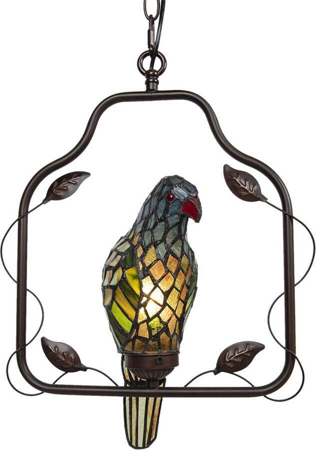 HAES deco Tiffany Plafondlamp Papegaai Bruin Blauw Metaal Glas Plafonniere Glas in Lood