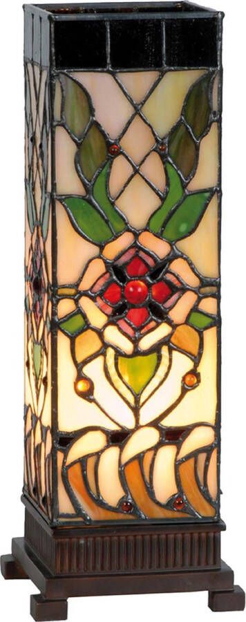 HAES deco Tiffany Tafellamp 12x12x35 cm Beige Groen Glas Rechthoek Roos Tiffany Bureaulamp Tiffany Lampen Glas in Lood