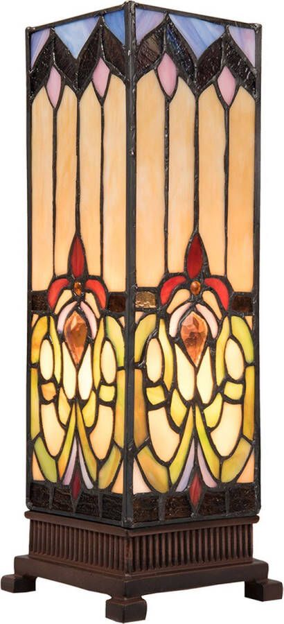 HAES deco Tiffany Tafellamp 12x12x35 cm Bruin Beige Glas Vierkant Tiffany Bureaulamp Tiffany Lampen Glas in Lood