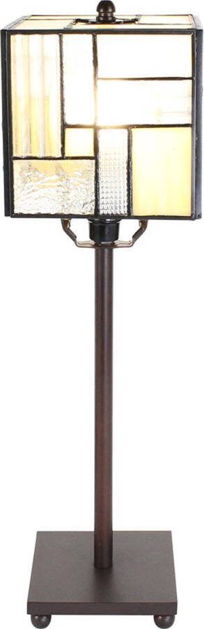 HAES deco Tiffany Tafellamp 13x13x28 cm Wit Beige Glas Metaal Vierkant Tiffany Bureaulamp Tiffany Lampen Glas in Lood