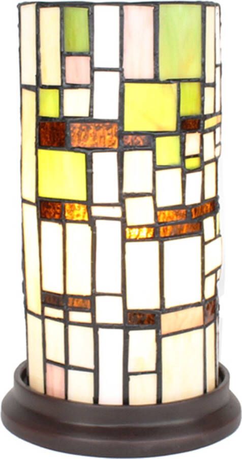 Clayre & Eef LumiLamp Tiffany Tafellamp Ø 15x26 cm Beige Groen Glas Kunststof Rond Tiffany Bureaulamp Beige Tiffany Bureaulamp