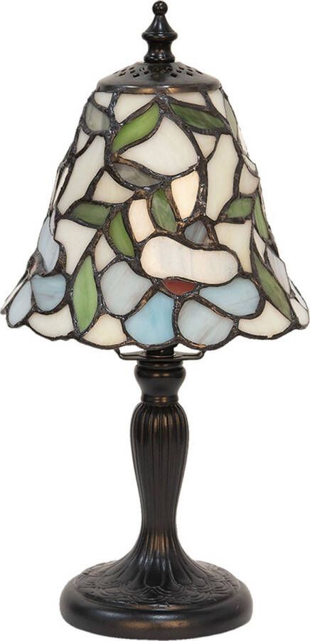 HAES deco Tiffany Tafellamp Ø 16x31 cm Beige Geel Glas Kunststof Bloemen Tiffany Bureaulamp Tiffany Lampen Glas in Lood