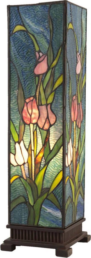 Clayre & Eef LumiLamp Tiffany Tafellamp 17x17x58 cm Groen Roze Glas Vierkant Tulpen Tiffany Bureaulamp Groen Tiffany Bureaulamp