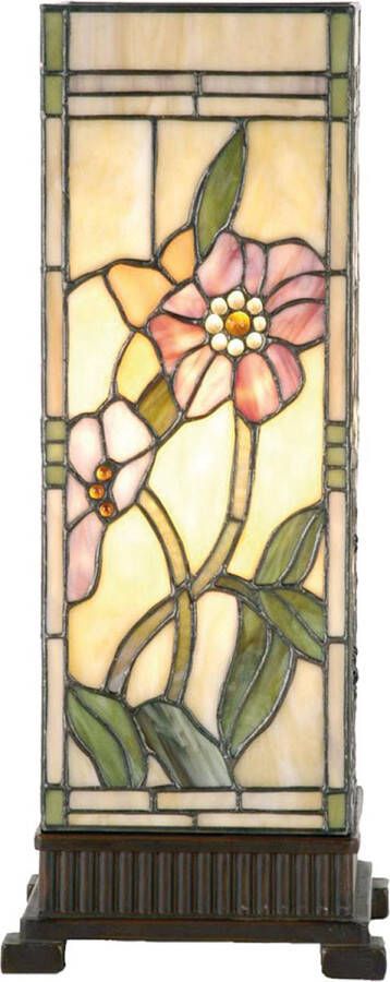 HAES deco Tiffany Tafellamp 18x18x45 cm Beige Roze Glas Rechthoek Bloemen Tiffany Bureaulamp Tiffany Lampen Glas in Lood