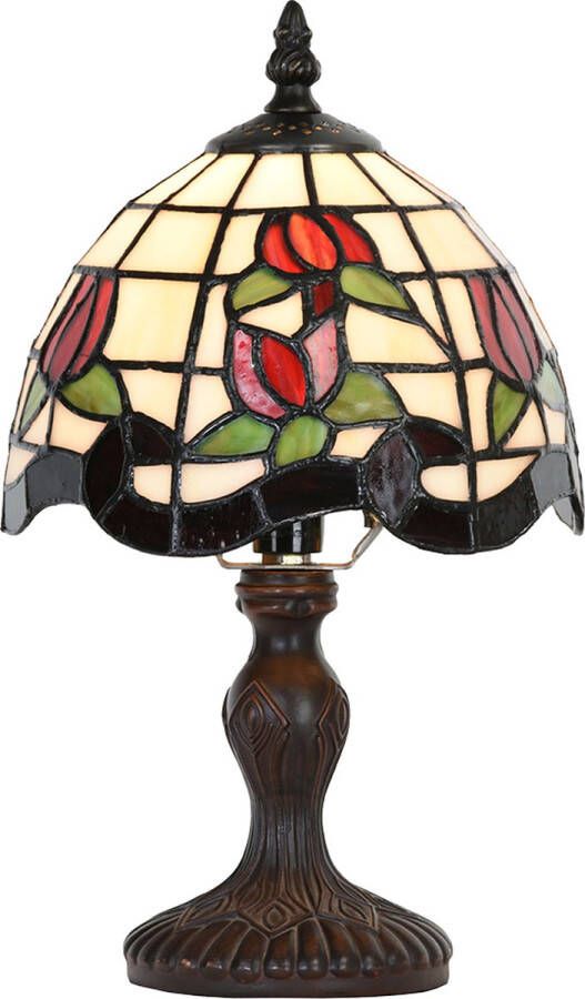 Clayre & Eef LumiLamp Tiffany Tafellamp Ø 18x30 cm Beige Rood Glas Kunststof Bloemen Tiffany Bureaulamp Beige Tiffany Bureaulamp