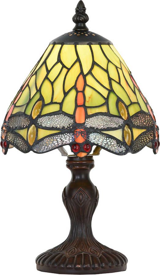 Clayre & Eef LumiLamp Tiffany Tafellamp Ø 18x30 cm Groen Glas Kunststof Libelle Tiffany Bureaulamp Groen Tiffany Bureaulamp