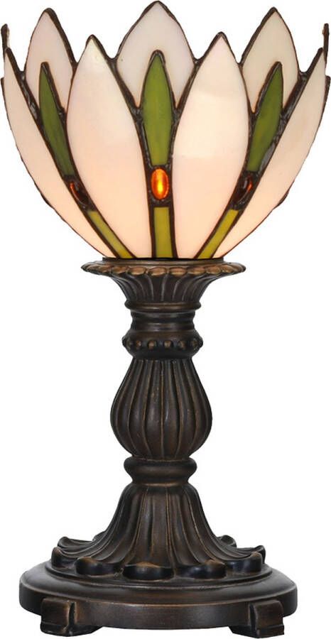 Clayre & Eef LumiLamp Tiffany Tafellamp Ø 18x30 cm Wit Groen Glas Tiffany Bureaulamp Wit Tiffany Bureaulamp