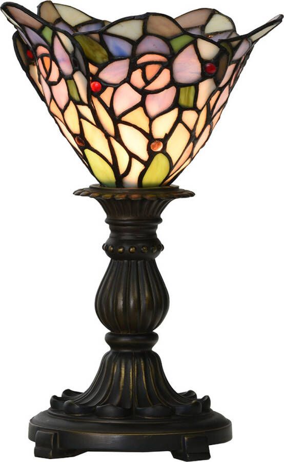 Clayre & Eef LumiLamp Tiffany Tafellamp Ø 20x30 cm Roze Paars Glas Tiffany Bureaulamp Roze Tiffany Bureaulamp