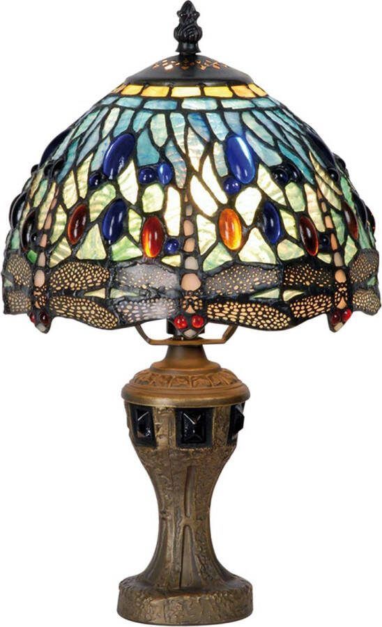 HAES deco Tiffany Tafellamp Ø 20x35 cm Blauw Grijs Glas Libelle Tiffany Bureaulamp Tiffany Lampen Glas in Lood