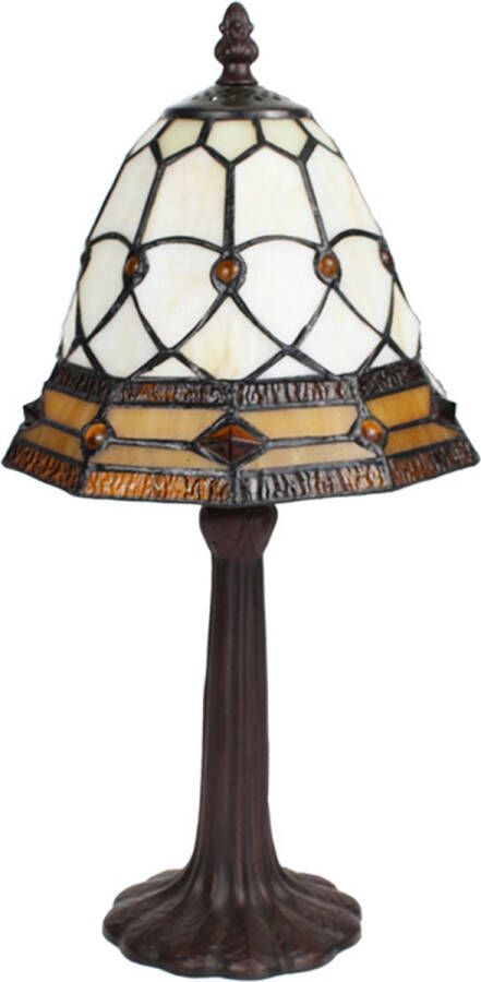 Clayre & Eef LumiLamp Tiffany Tafellamp Ø 21x39 cm Beige Bruin Glas Kunststof Rond Tiffany Bureaulamp Beige Tiffany Bureaulamp