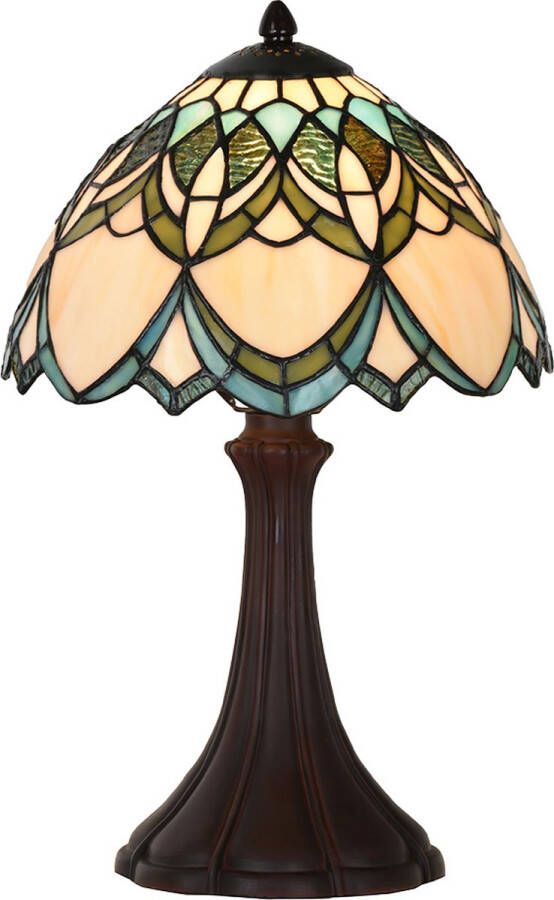 Clayre & Eef LumiLamp Tiffany Tafellamp Ø 25x42 cm Beige Blauw Glas Tiffany Bureaulamp Beige Tiffany Bureaulamp