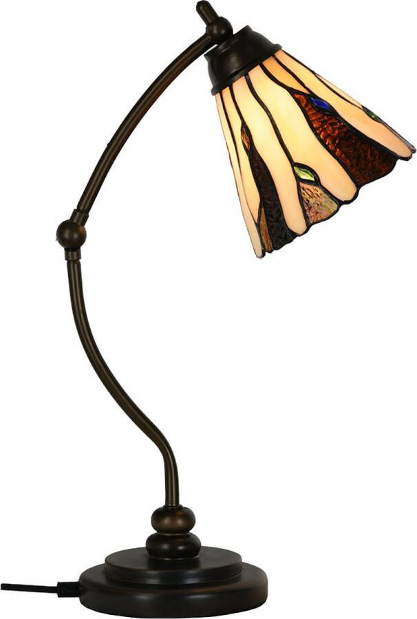 Clayre & Eef LumiLamp Tiffany Tafellamp Ø 27x51 cm Beige Glas Tiffany Bureaulamp Beige Tiffany Bureaulamp