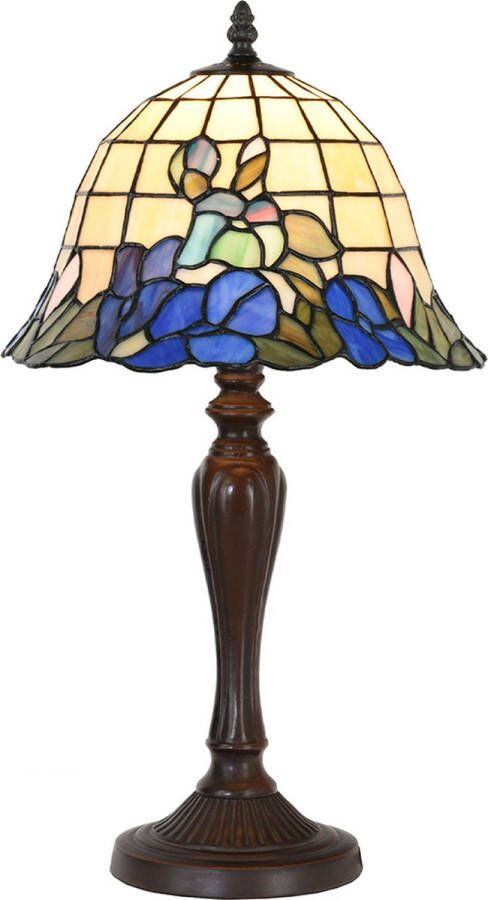 HAES deco Tiffany Tafellamp Ø 29x53 cm Blauw Beige Glas Kunststof Rond Bloemen Tiffany Bureaulamp Tiffany Lampen Glas in Lood