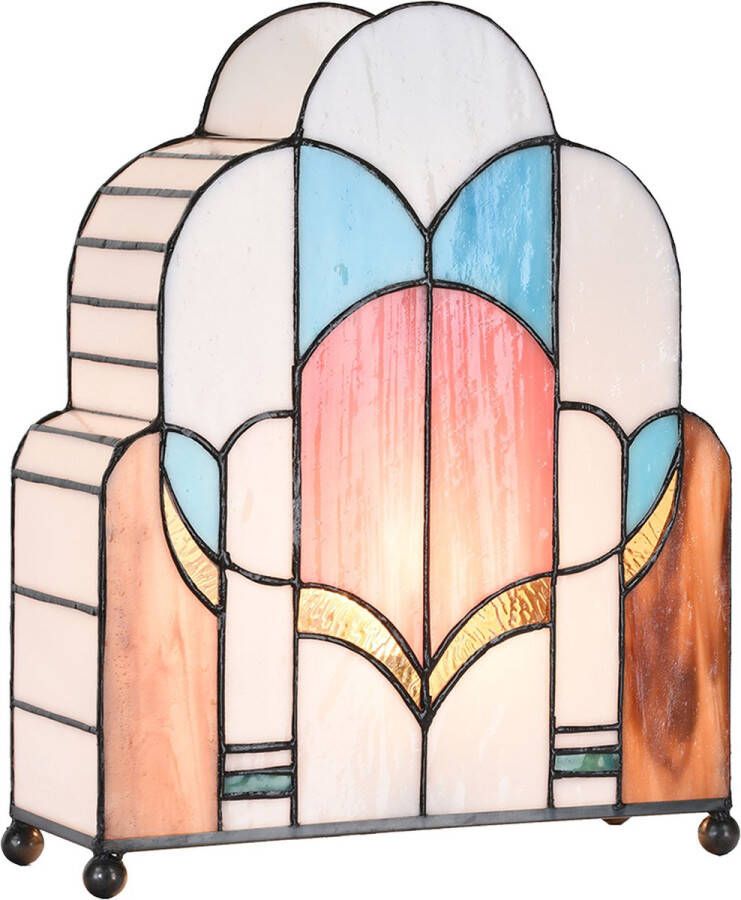 HAES deco Tiffany Tafellamp 30x4x25 cm Wit Roze Glas Tiffany Bureaulamp Tiffany Lampen Glas in Lood