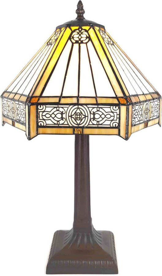 HAES deco Tiffany Tafellamp Ø 30x50 cm Beige Bruin Kunststof Glas Zeshoek Tiffany Bureaulamp Tiffany Lampen Glas in Lood