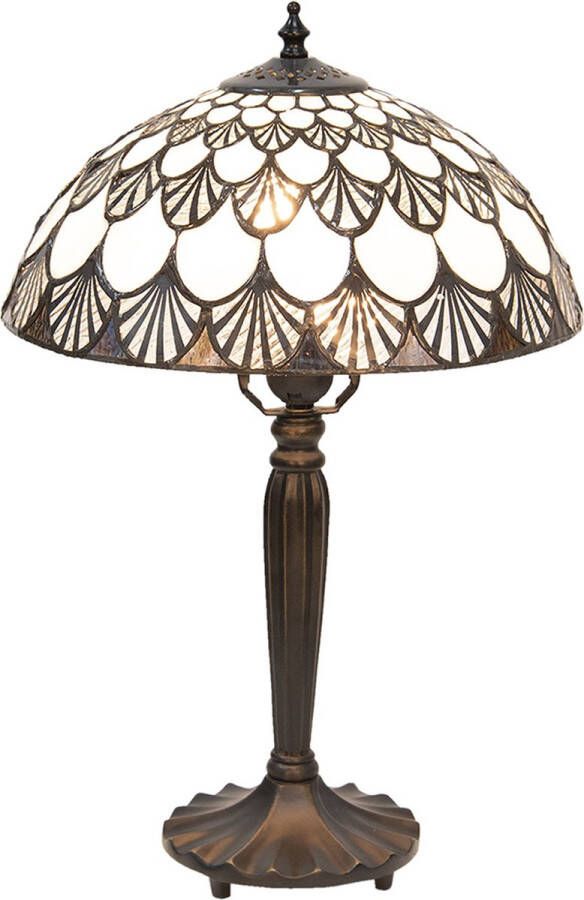 HAES deco Tiffany Tafellamp Ø 31x46 cm Wit Bruin Glas Tiffany Bureaulamp Tiffany Lampen Glas in Lood