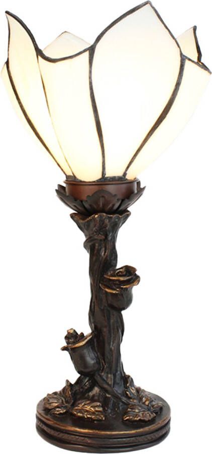 Clayre & Eef LumiLamp Tiffany Tafellamp 32 cm Wit Bruin Glas Tiffany Bureaulamp Wit Tiffany Bureaulamp