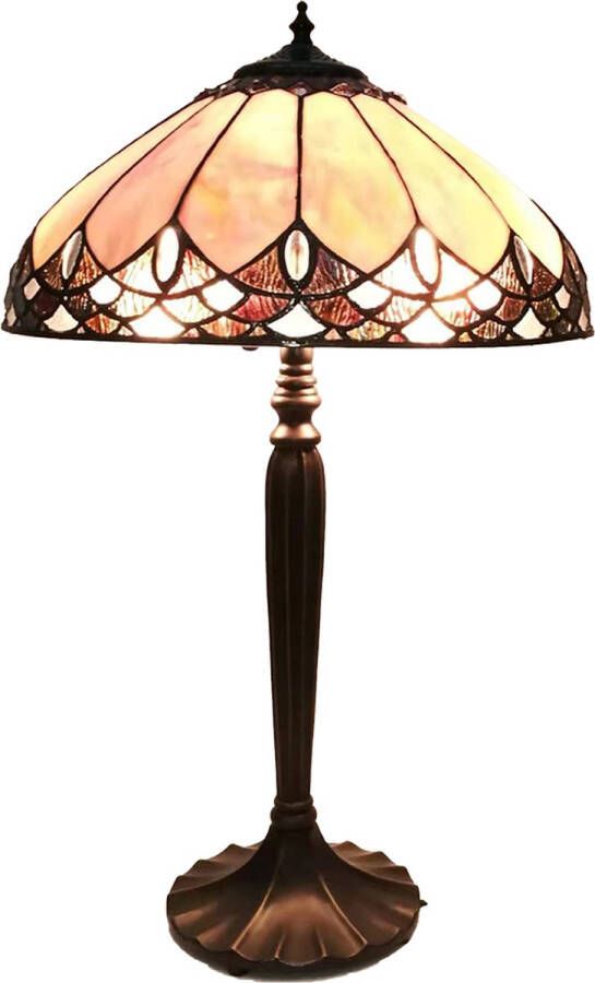 Clayre & Eef LumiLamp Tiffany Tafellamp Ø 39x63 cm Beige Bruin Glas Kunststof Rond Tiffany Bureaulamp Beige Tiffany Bureaulamp