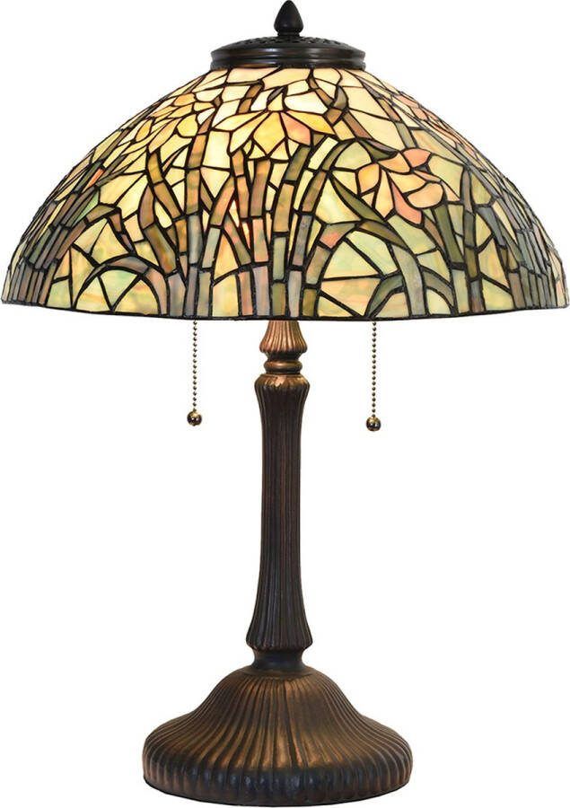 HAES deco Tiffany Tafellamp Ø 40x60 cm Beige Groen Glas Tiffany Bureaulamp Tiffany Lampen Glas in Lood