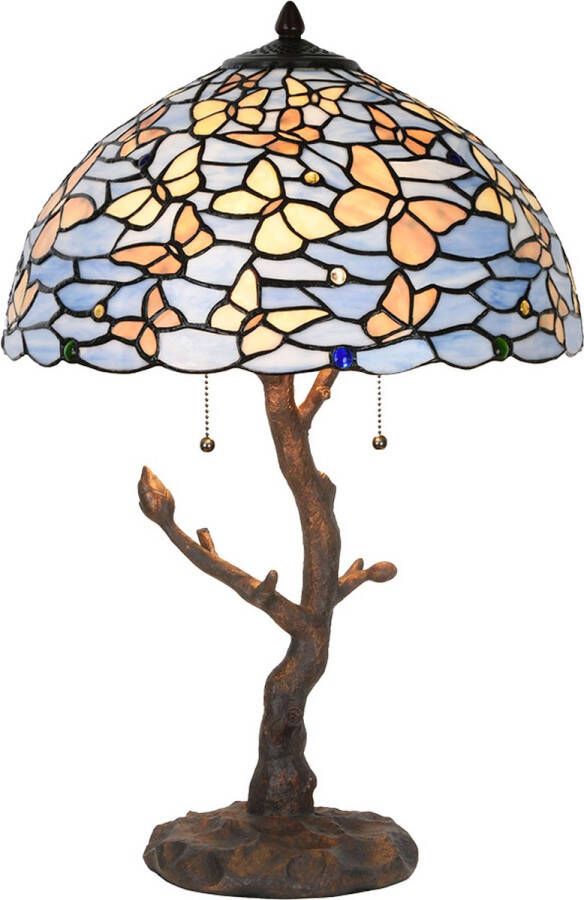 Clayre & Eef LumiLamp Tiffany Tafellamp Ø 40x60 cm Blauw Glas Vlinders Tiffany Bureaulamp Blauw Tiffany Bureaulamp