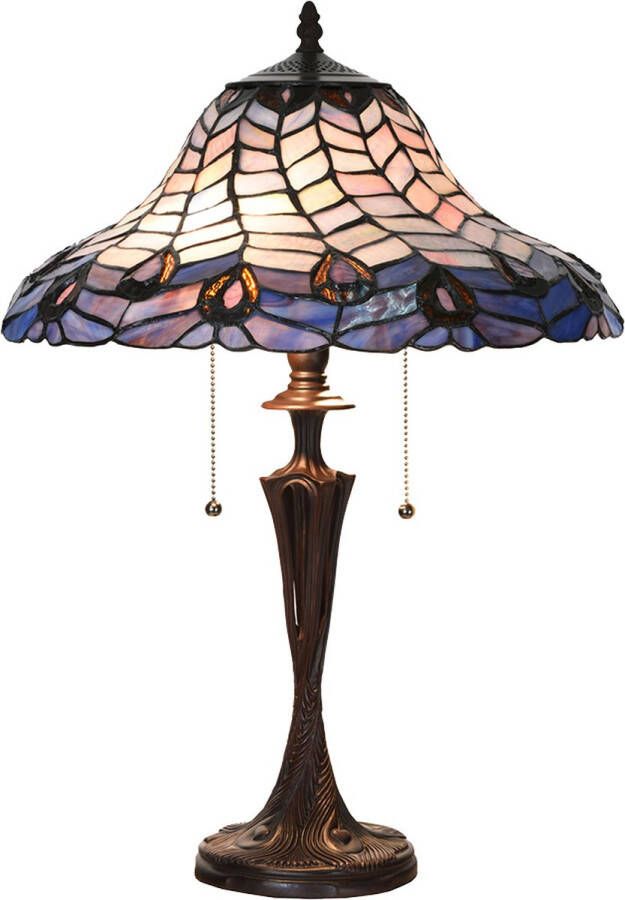 Clayre & Eef LumiLamp Tiffany Tafellamp Ø 40x60 cm Blauw Paars Glas Tiffany Bureaulamp Blauw Tiffany Bureaulamp