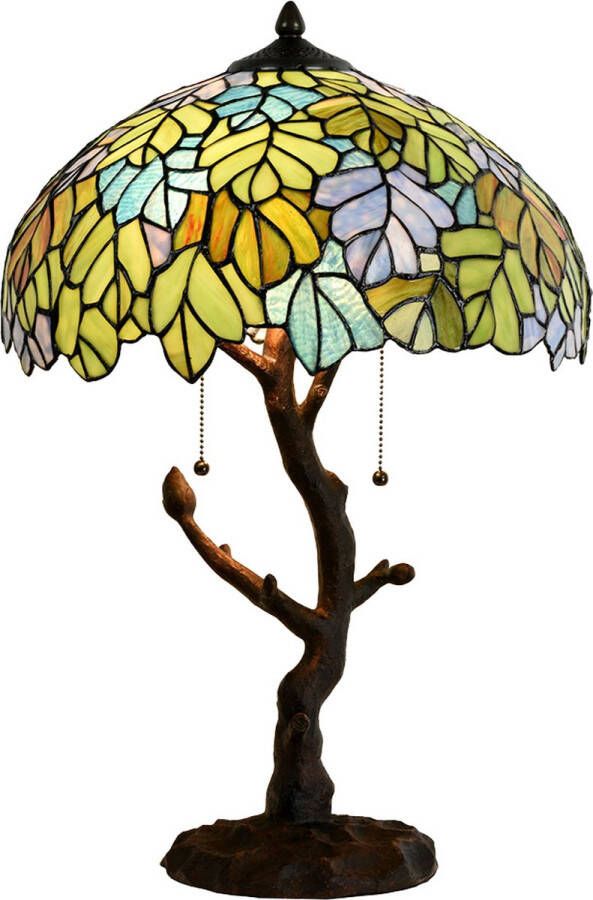 Clayre & Eef LumiLamp Tiffany Tafellamp Ø 40x60 cm Groen Glas Tiffany Bureaulamp Groen Tiffany Bureaulamp