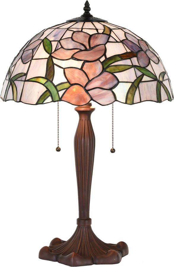 Clayre & Eef LumiLamp Tiffany Tafellamp Ø 40x60 cm Roze Glas Kunststof Rond Bloemen Tiffany Bureaulamp Roze Tiffany Bureaulamp