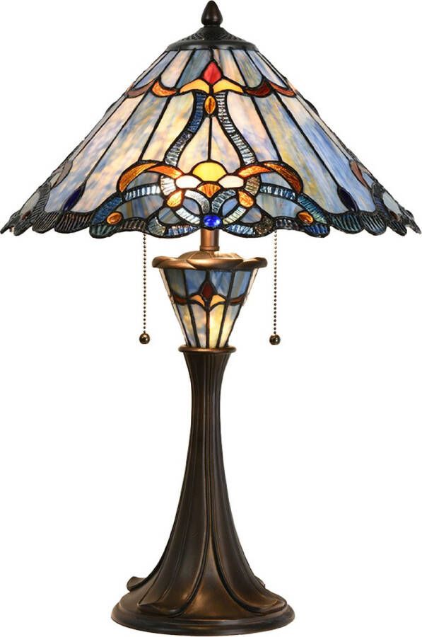 Clayre & Eef LumiLamp Tiffany Tafellamp Ø 40x61 cm Blauw Glas Tiffany Bureaulamp Blauw Tiffany Bureaulamp